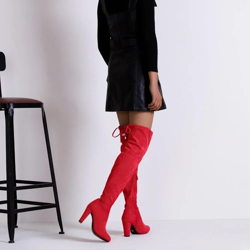 Women’s Red-knee High Suede Fashion Pointed Toe Thigh High Over The Knee Boots